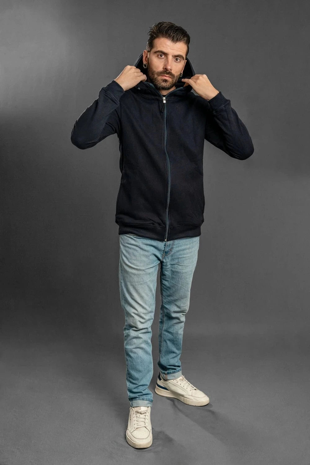 Buzo con capota con cremallera hombre azul navy Luck & Load — hoodie algodón perchado premium — Colombia