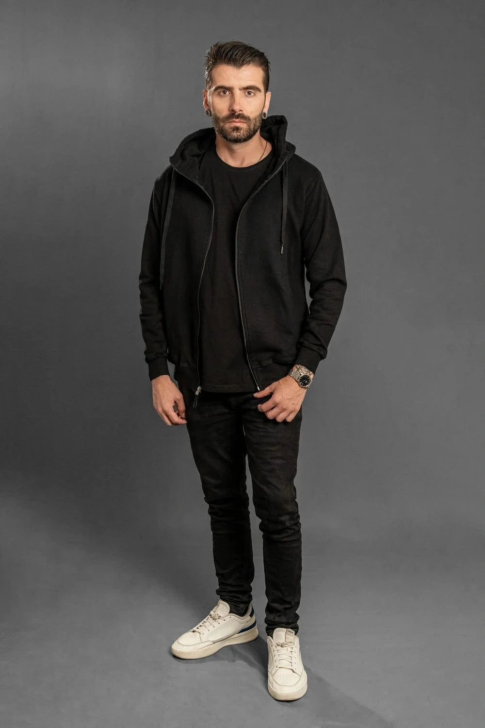 Buzo con capota con cremallera hombre negro Luck & Load — hoodie zip-up algodón pesado — Colombia