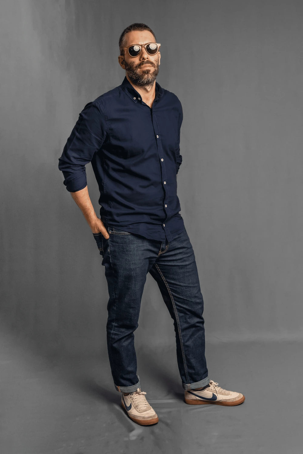 Camisa oxford azul oscuro hombre Luck & Load algodón premium Colombia
