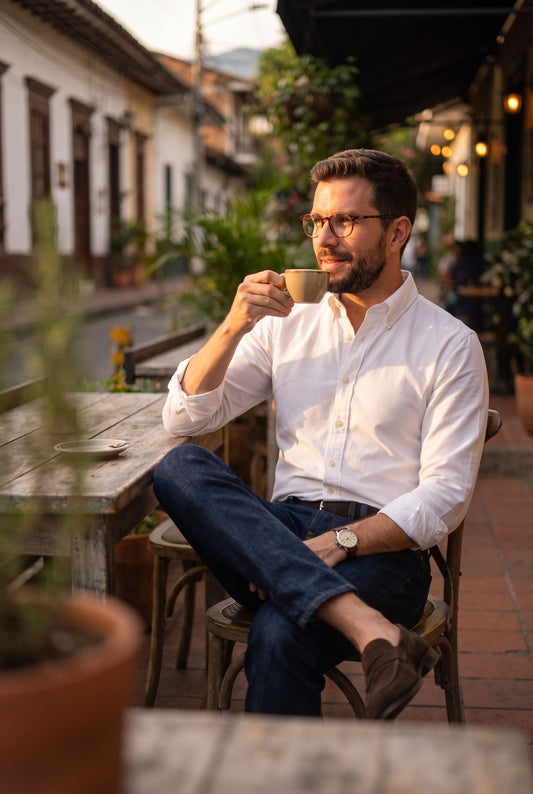 Hombre con camisa oxford blanca en un plan de dia, estilo de vida Luck and Load