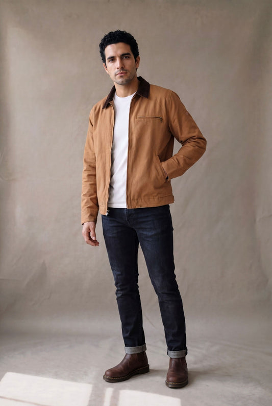 Chaqueta Detroit camel para hombre de Luck & Load: chaqueta obrera de cuello de pana, abierta sobre camiseta blanca, con jean indigo y botas Chelsea cafe, look casual premium.