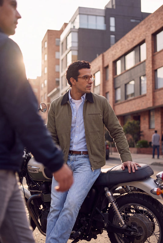 Chaqueta Detroit color verde oliva militar de Luck and Load; hombre con gafas junto a una moto Triumph Scrambler en una calle de Bogota al atardecer, oxford celeste, jean claro y mocasin de gamuza. Colombia