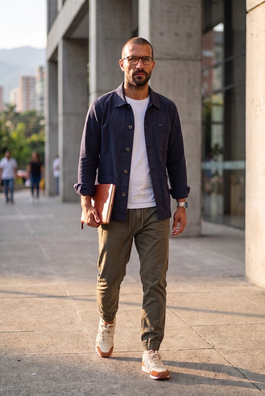 Hombre con chaqueta obrera azul marino de Luck & Load caminando frente a una fachada contemporánea, foto de estilo de vida en exteriores.