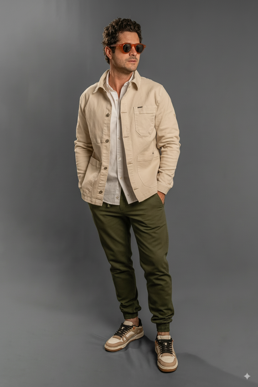Outfit completo con jogger verde para hombre casual
