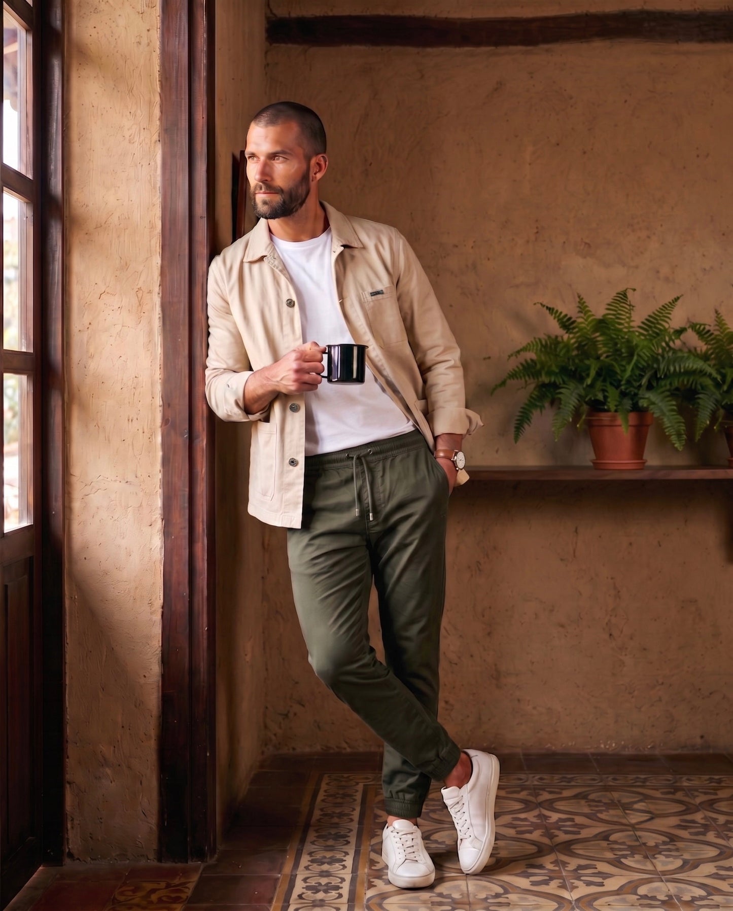 Jogger hombre verde militar en drill premium, editorial con luz natural de ventana | Luck & Load Colombia