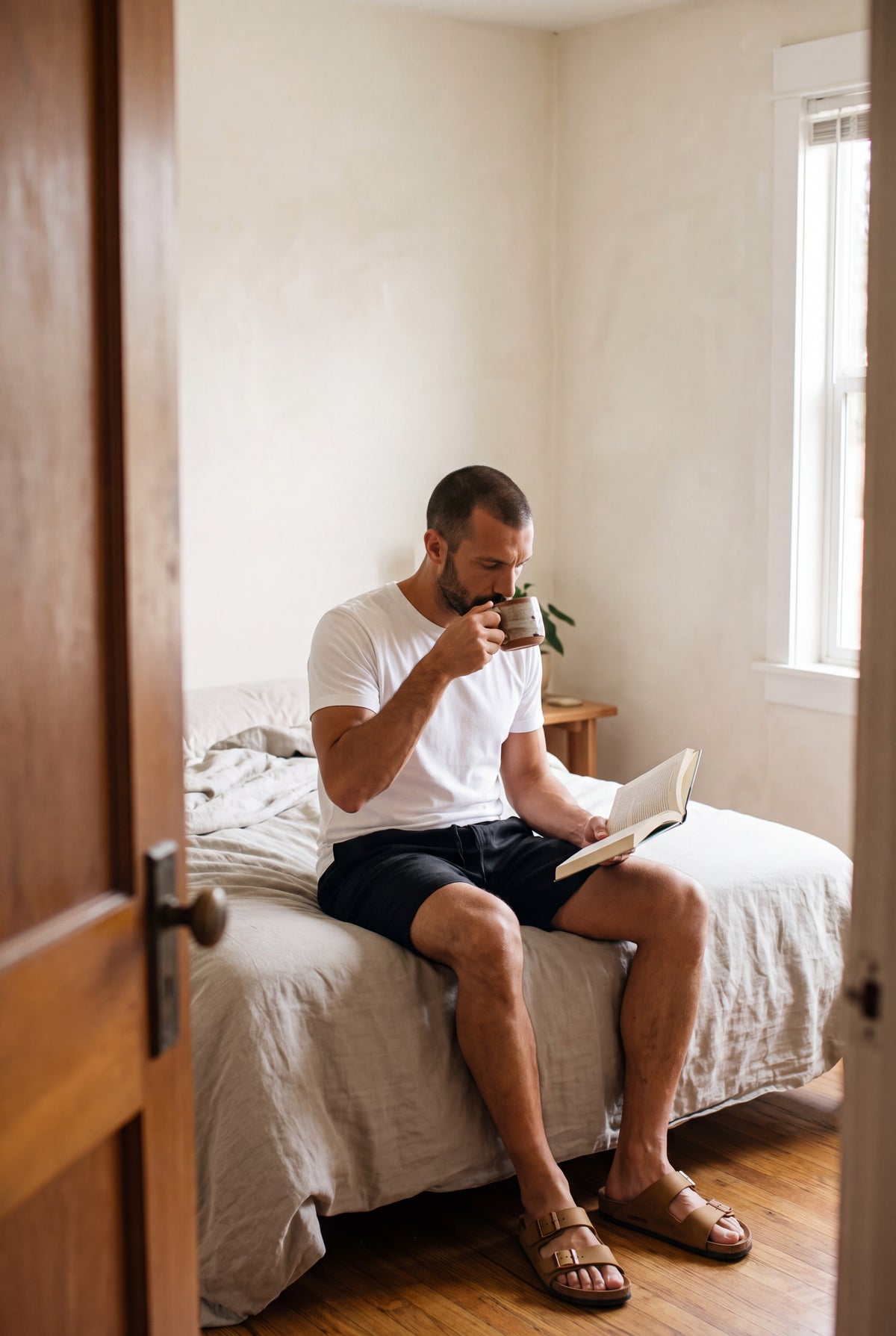 Hombre en descanso de domingo con bermuda de descanso negra; estilo de vida Luck & Load.