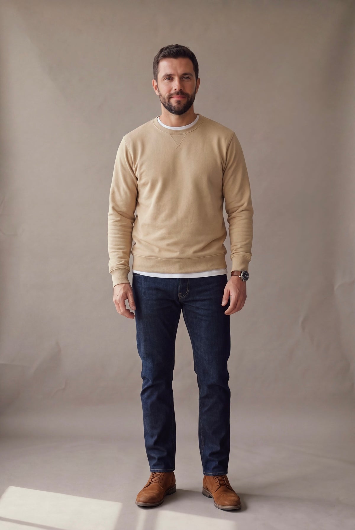 Buzo cuello redondo hombre beige, vista frontal | algodón peruano | Luck & Load Colombia