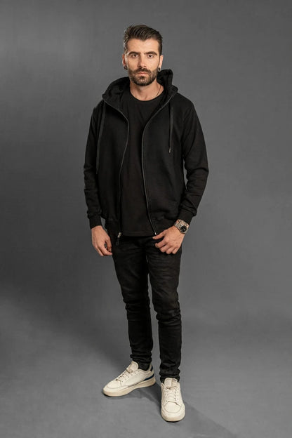 Buzo con capota con cremallera hombre negro Luck & Load — hoodie zip-up algodón pesado — Colombia	