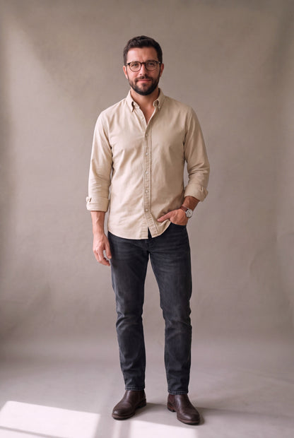 Camisa oxford beige para hombre, manga larga, look clasico moderno, Luck and Load