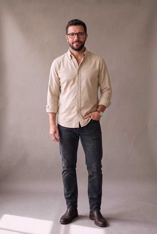 Camisa oxford beige para hombre, manga larga, look clasico moderno, Luck and Load