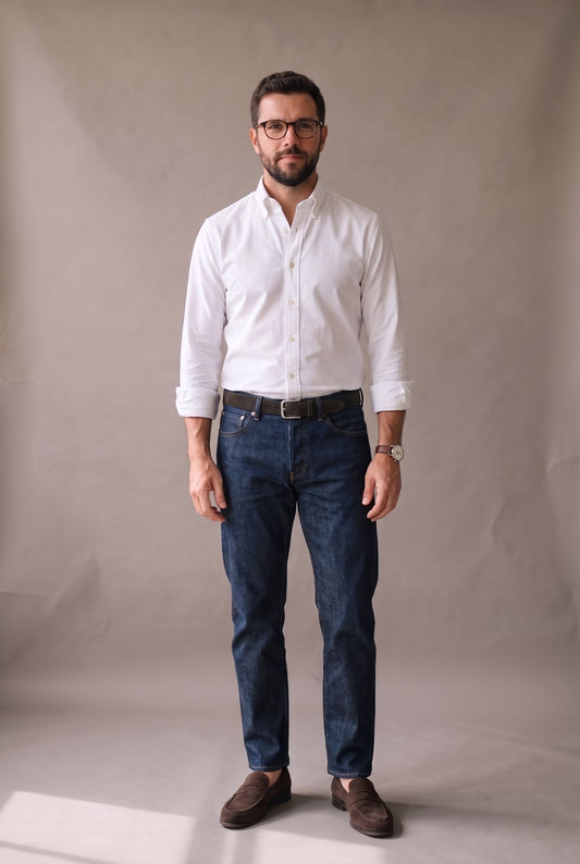 Camisa oxford blanca para hombre, manga larga, look de oficina moderno, Luck and Load