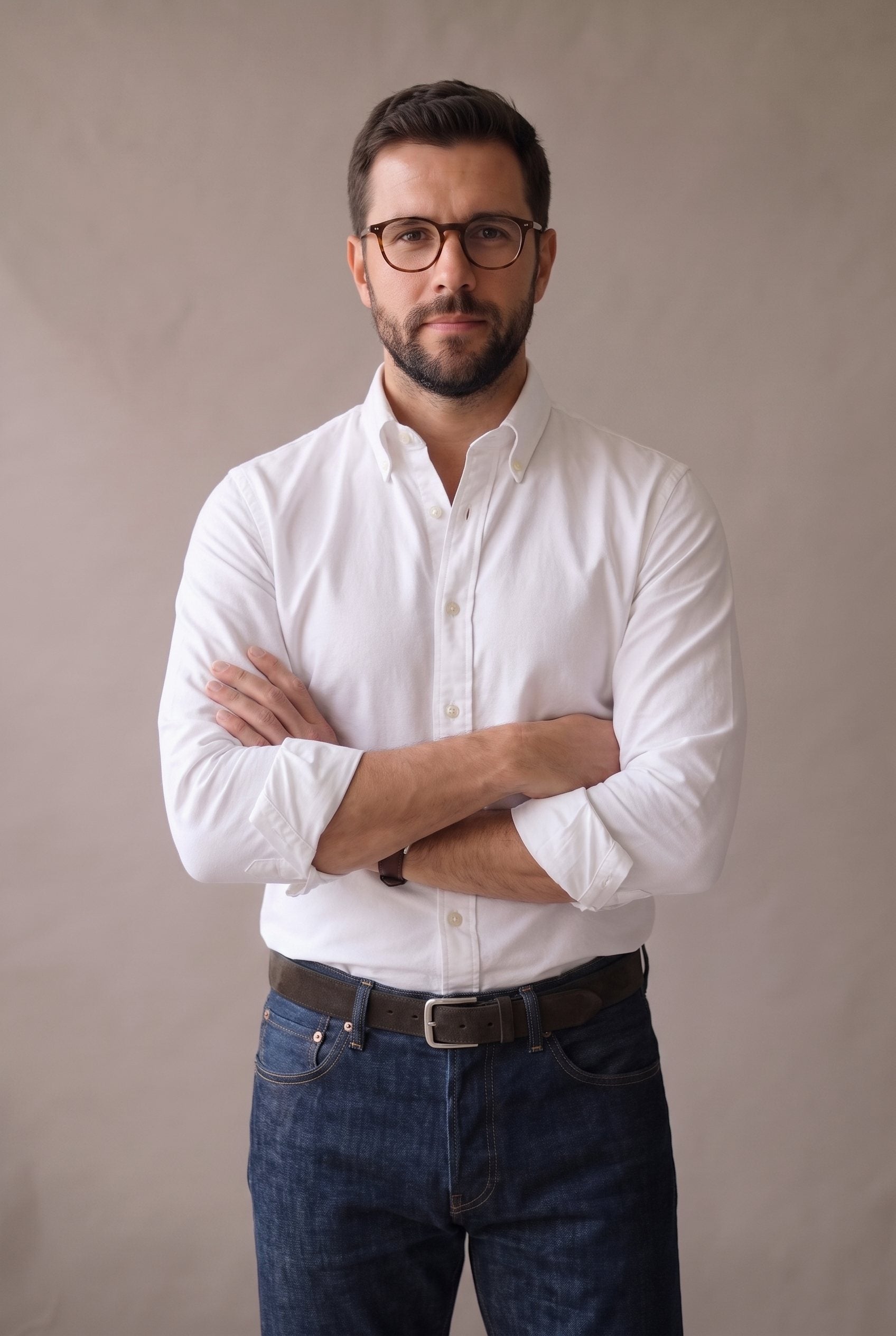 Camisa oxford blanca para hombre, ajuste de medio cuerpo con correa, Luck and Load