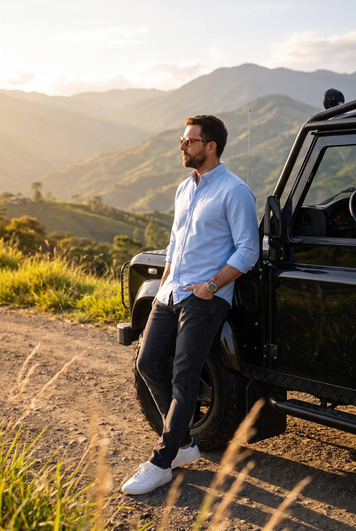 Hombre con camisa oxford celeste en escapada de fin de semana, Luck and Load