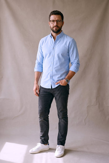 Camisa oxford celeste para hombre, manga larga, estilo clasico moderno, Luck and Load