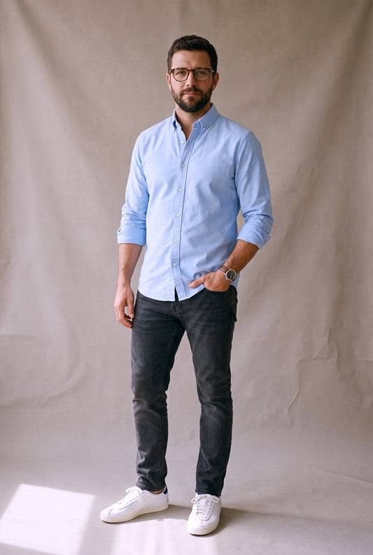Camisa oxford celeste para hombre, manga larga, estilo clasico moderno, Luck and Load