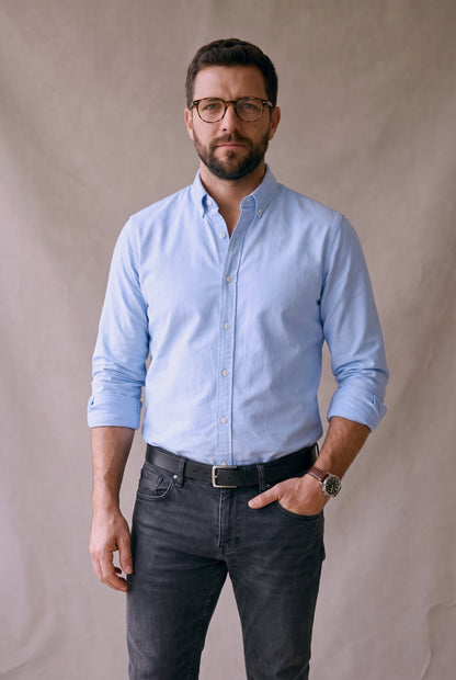 Camisa oxford celeste para hombre, ajuste de medio cuerpo, Luck and Load