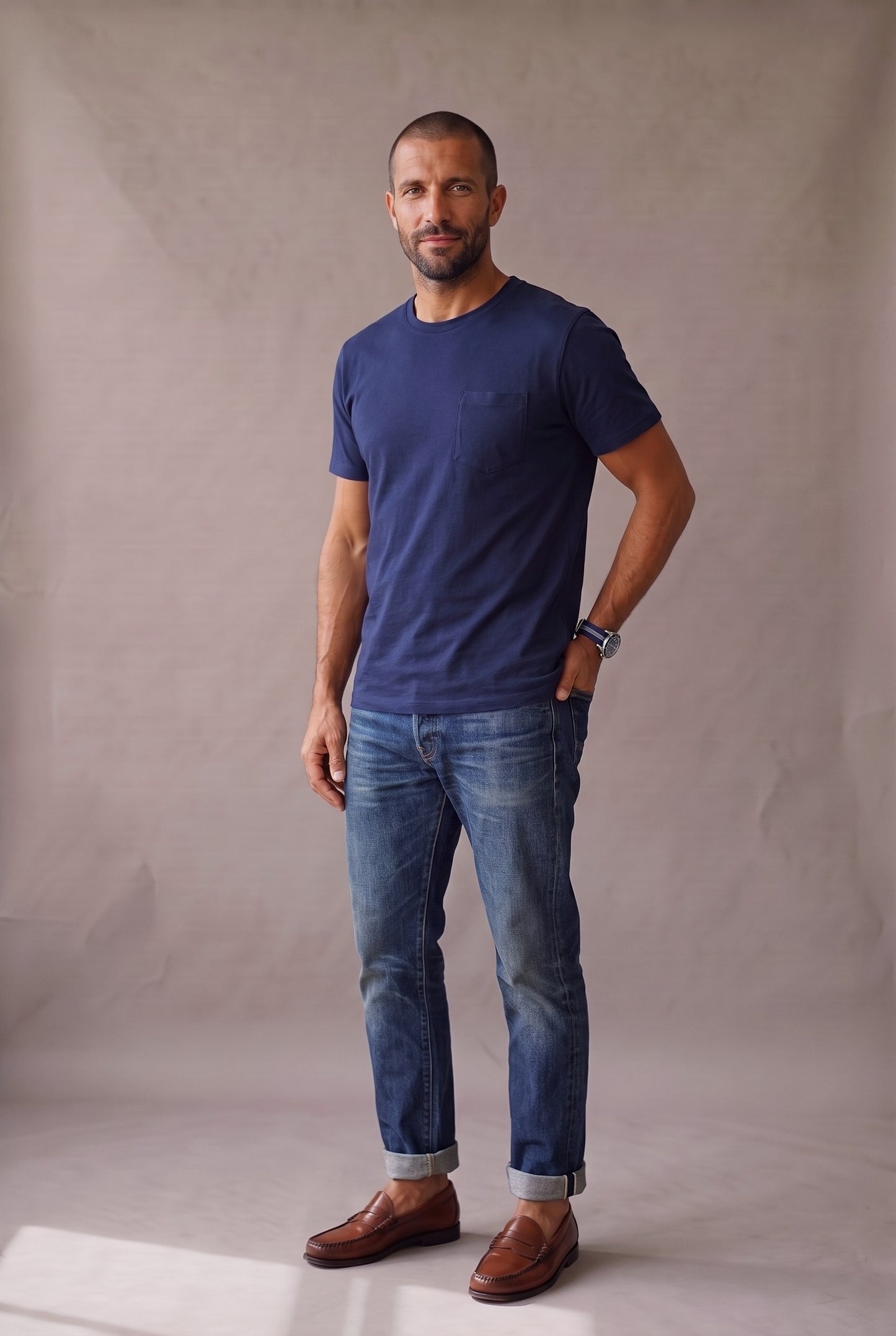 Hombre en camiseta azul marino de cuello redondo con bolsillo en algodón peruano, en estudio neutro