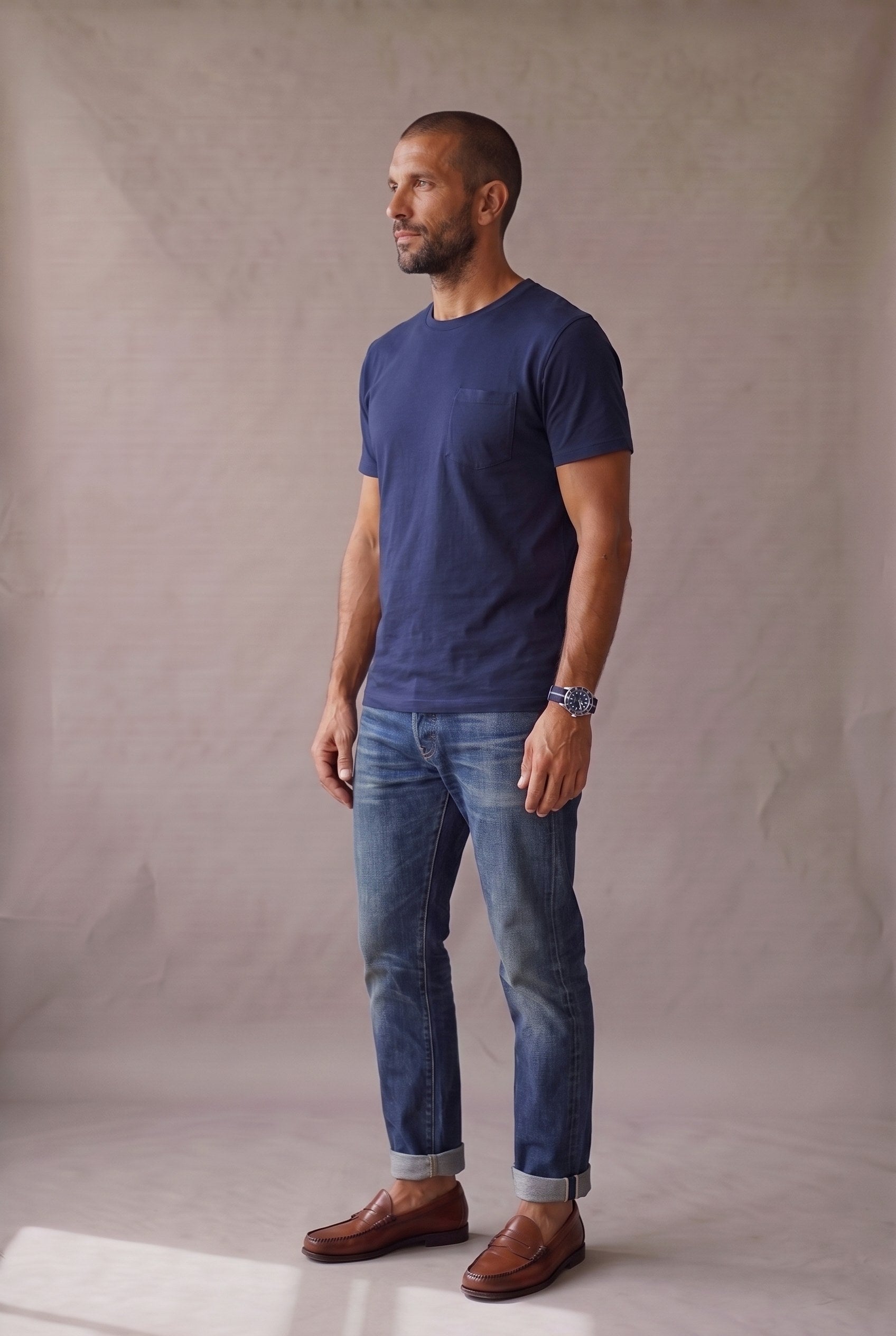 Hombre de perfil con camiseta azul marino de bolsillo en algodón peruano, en estudio neutro