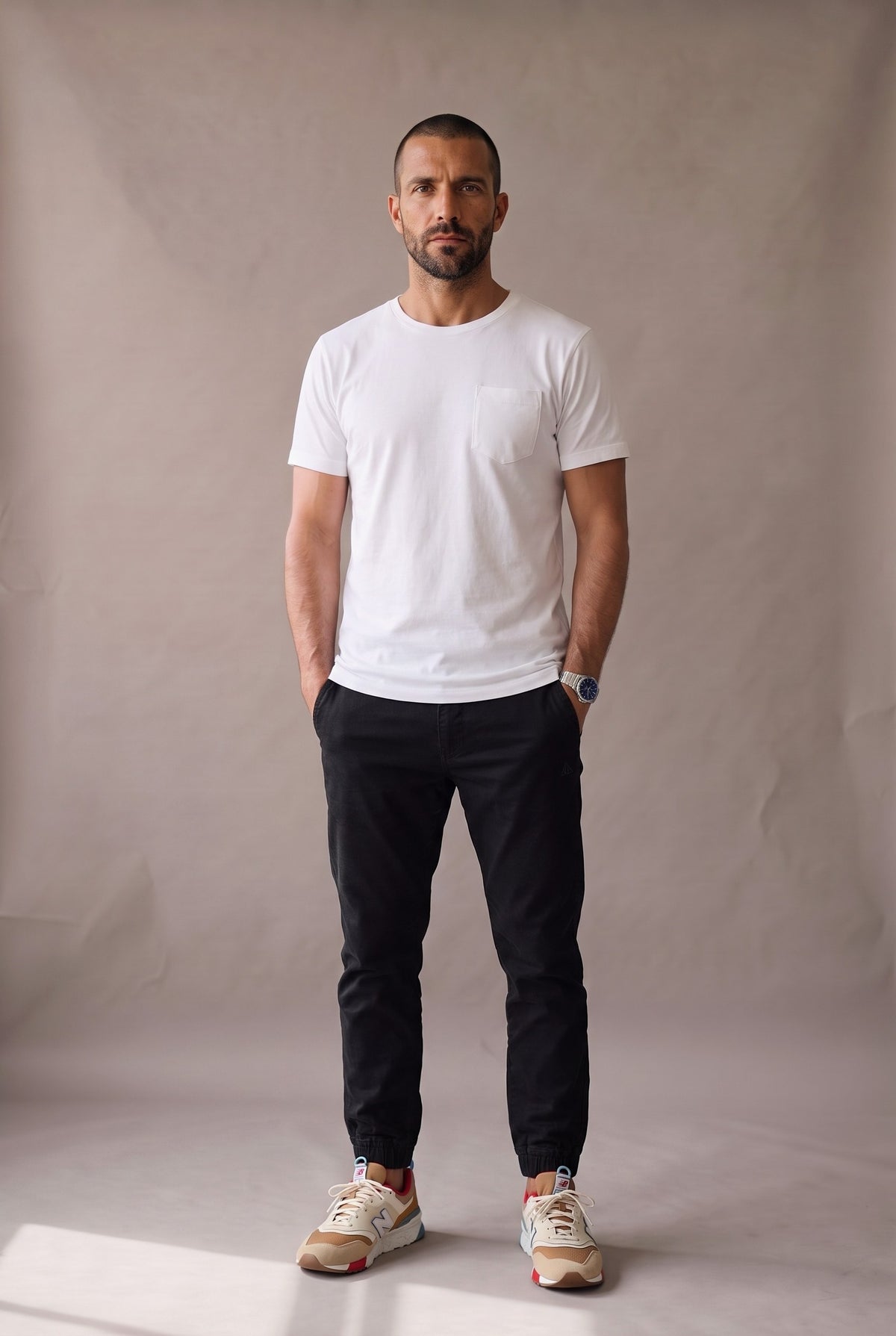 Hombre en camiseta blanca de cuello redondo con bolsillo en algodón peruano, jogger negro y tenis claros