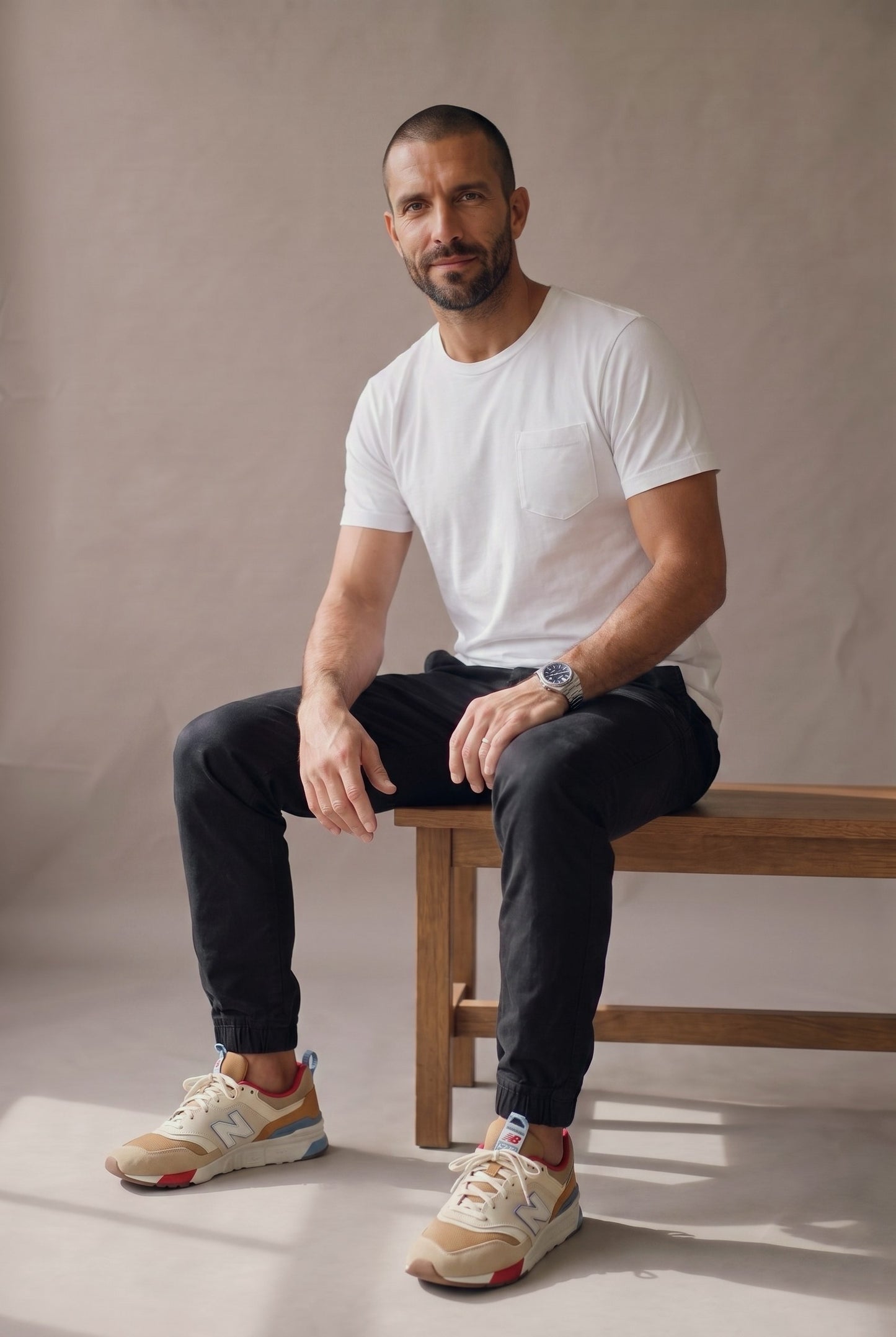 Hombre sentado en una banca con camiseta blanca de bolsillo, jogger negro y tenis, en estudio neutro