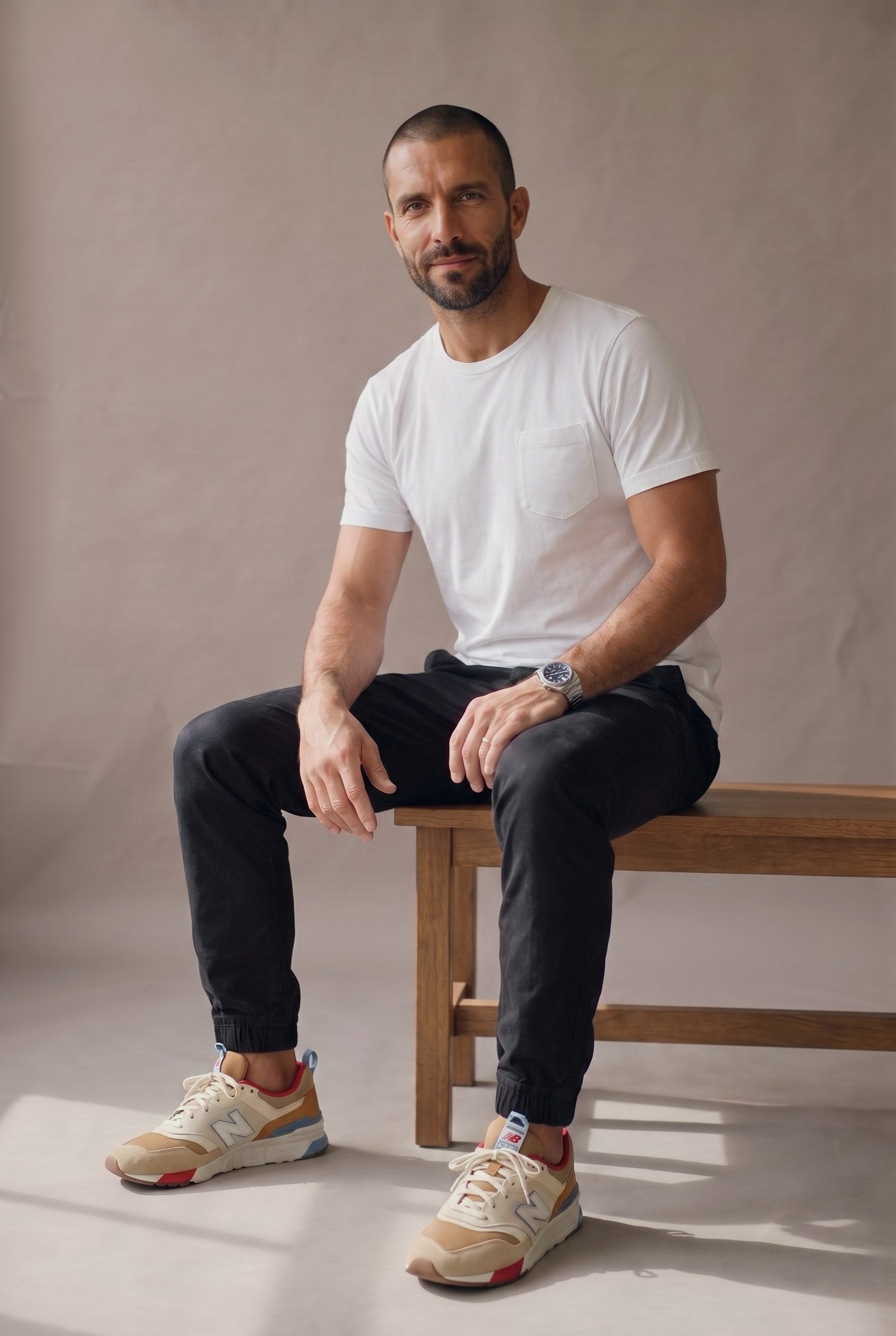 Hombre sentado en una banca con camiseta blanca de bolsillo, jogger negro y tenis, en estudio neutro