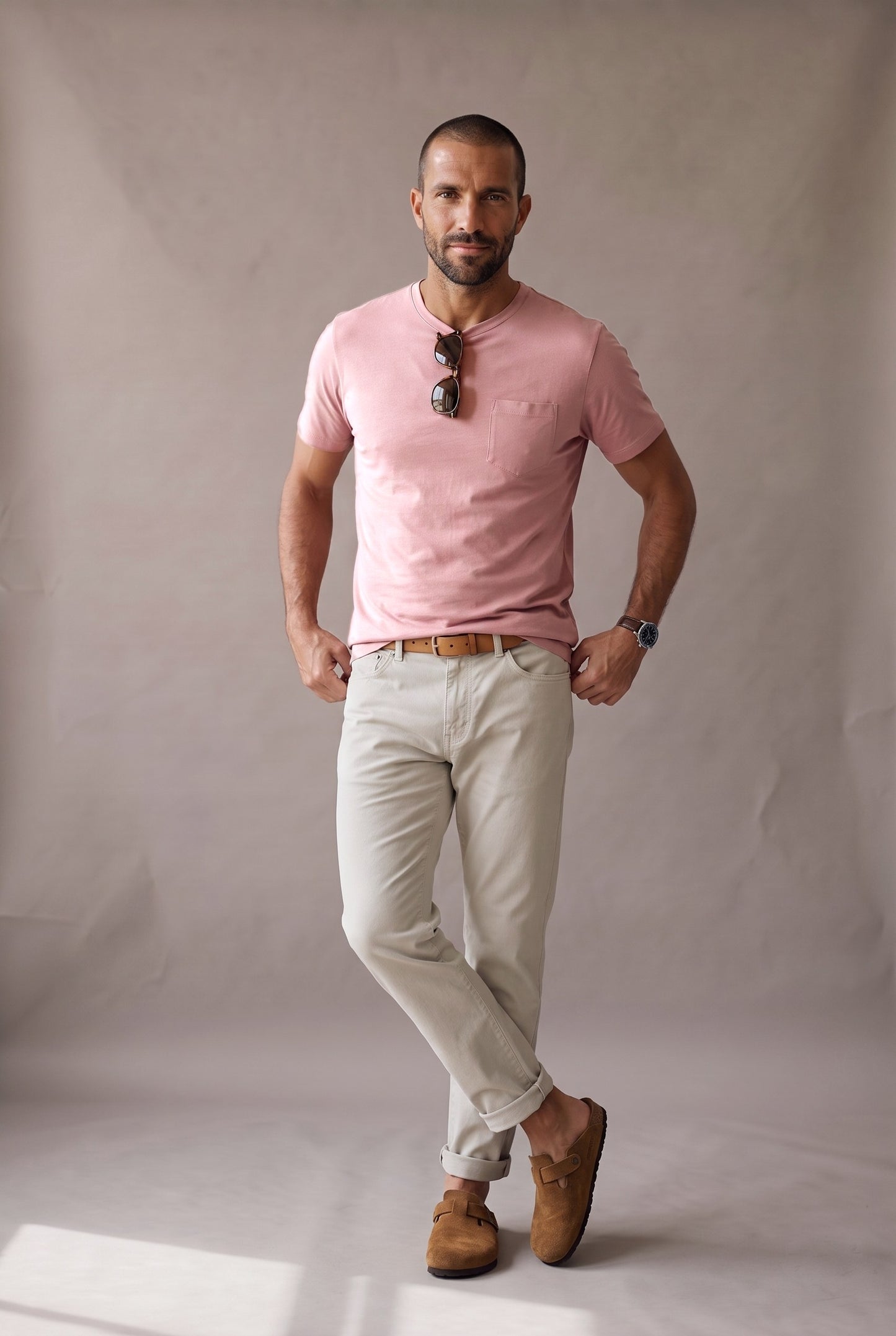 Hombre de frente con camiseta rosada de cuello redondo con bolsillo en algodon peruano, foto de catalogo en estudio.