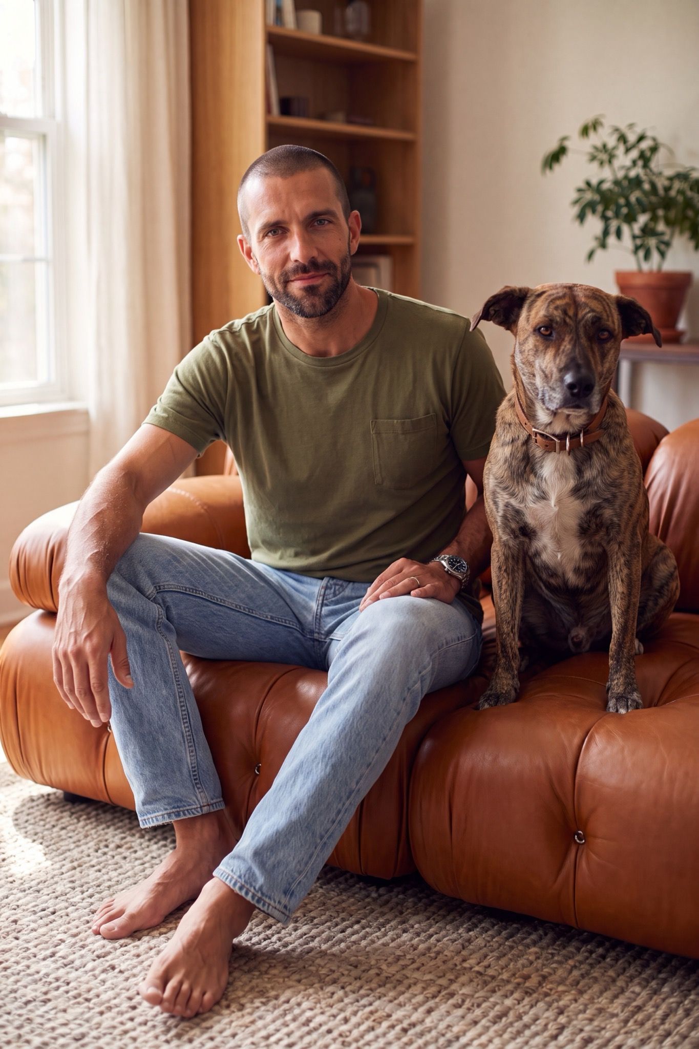 Hombre en casa en un sofa de cuero con su perro, con camiseta verde militar de cuello redondo con bolsillo, un momento cotidiano de estilo de vida.