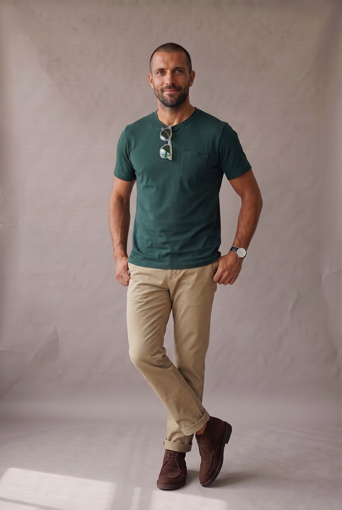 Hombre de frente con camiseta verde pino de cuello redondo con bolsillo en algodon peruano, foto de catalogo en estudio.
