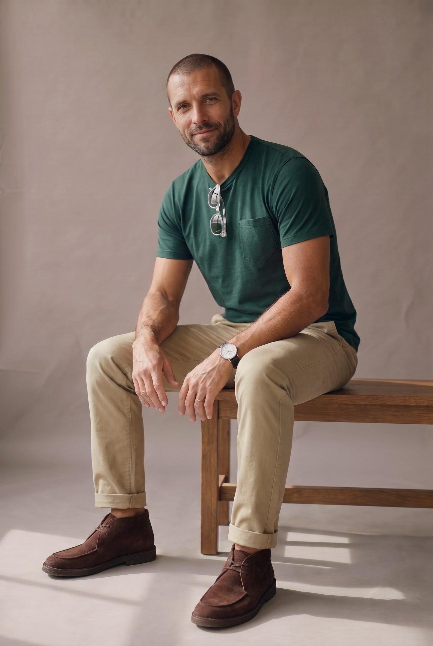 Hombre de perfil derecho con camiseta verde pino de cuello redondo con bolsillo en algodon peruano, en estudio neutro.
