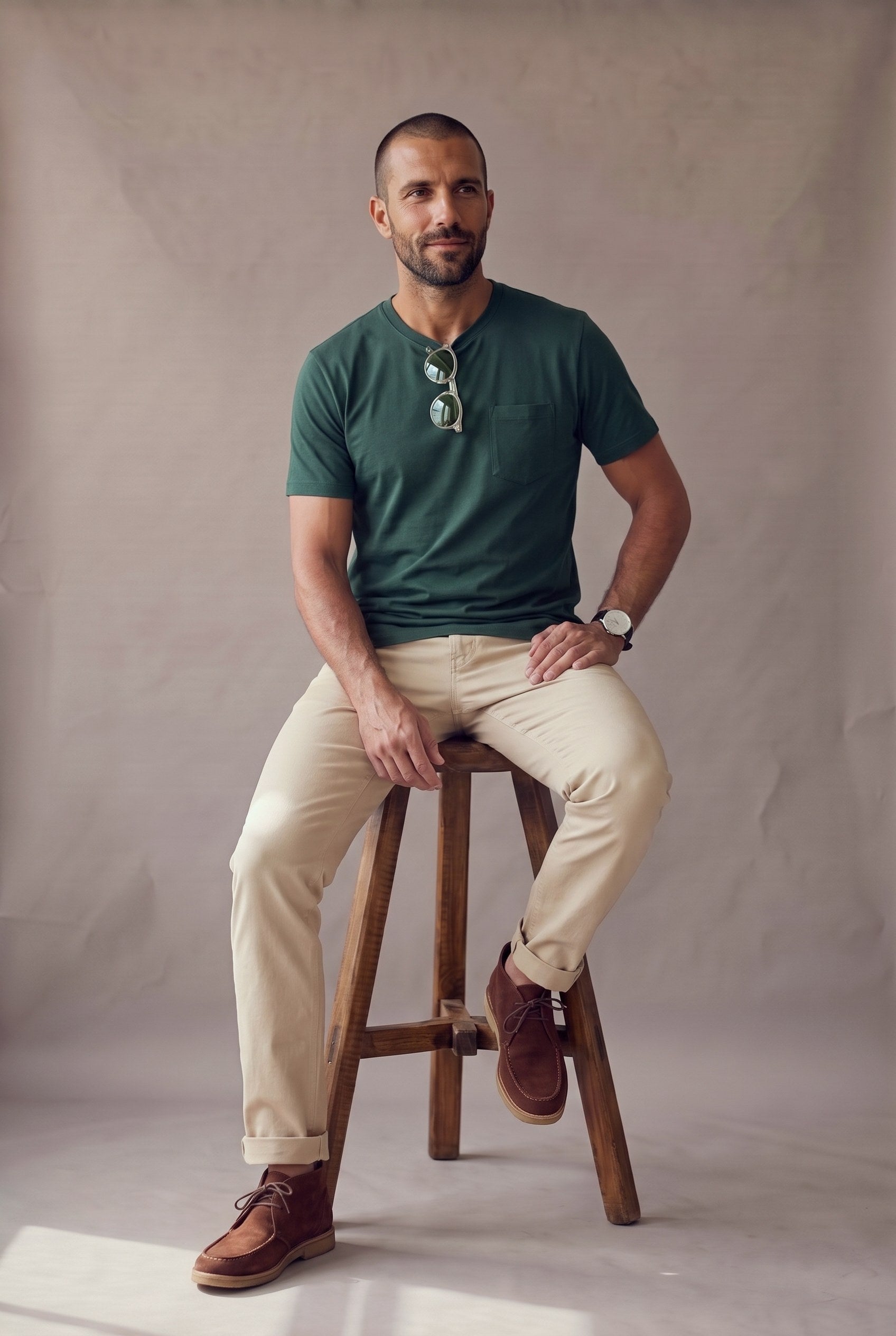 Camiseta verde pino de bolsillo en algodon peruano en plano medio, mostrando el calce en un hombre.
