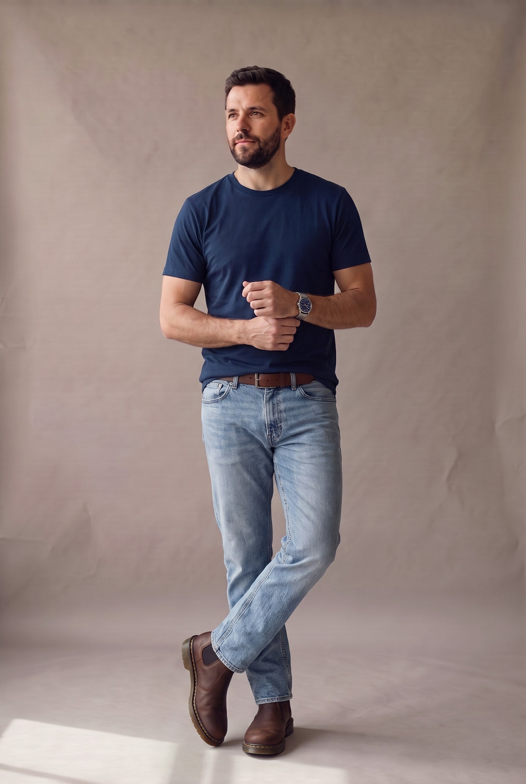 Hombre de pie con camiseta azul marino de cuello redondo sin bolsillo de Luck & Load, con jean claro y botines de cuero café.