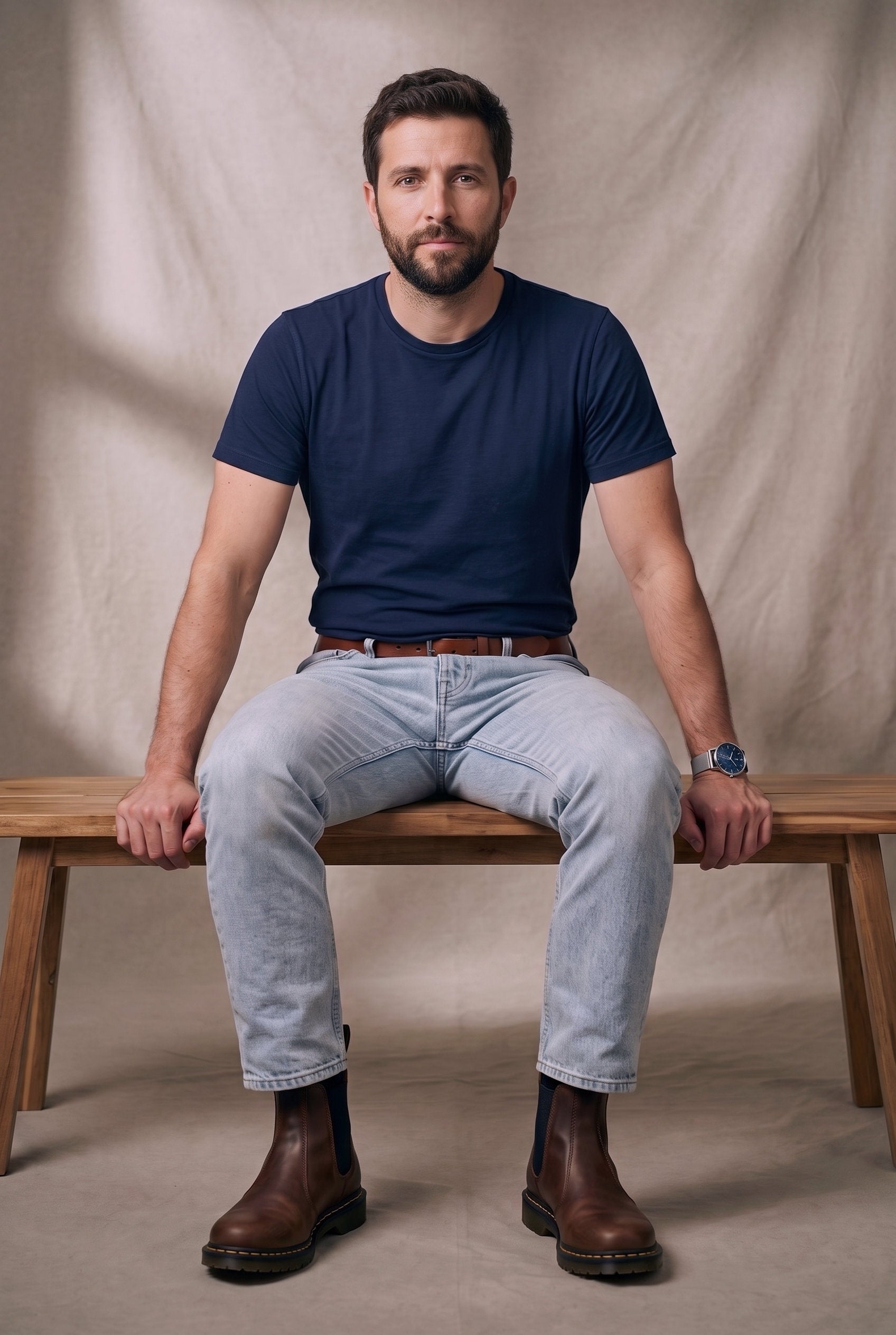 Hombre sentado en una banca de madera con camiseta azul marino de cuello redondo de Luck & Load, donde se ve la caída de la prenda sobre el cuerpo.