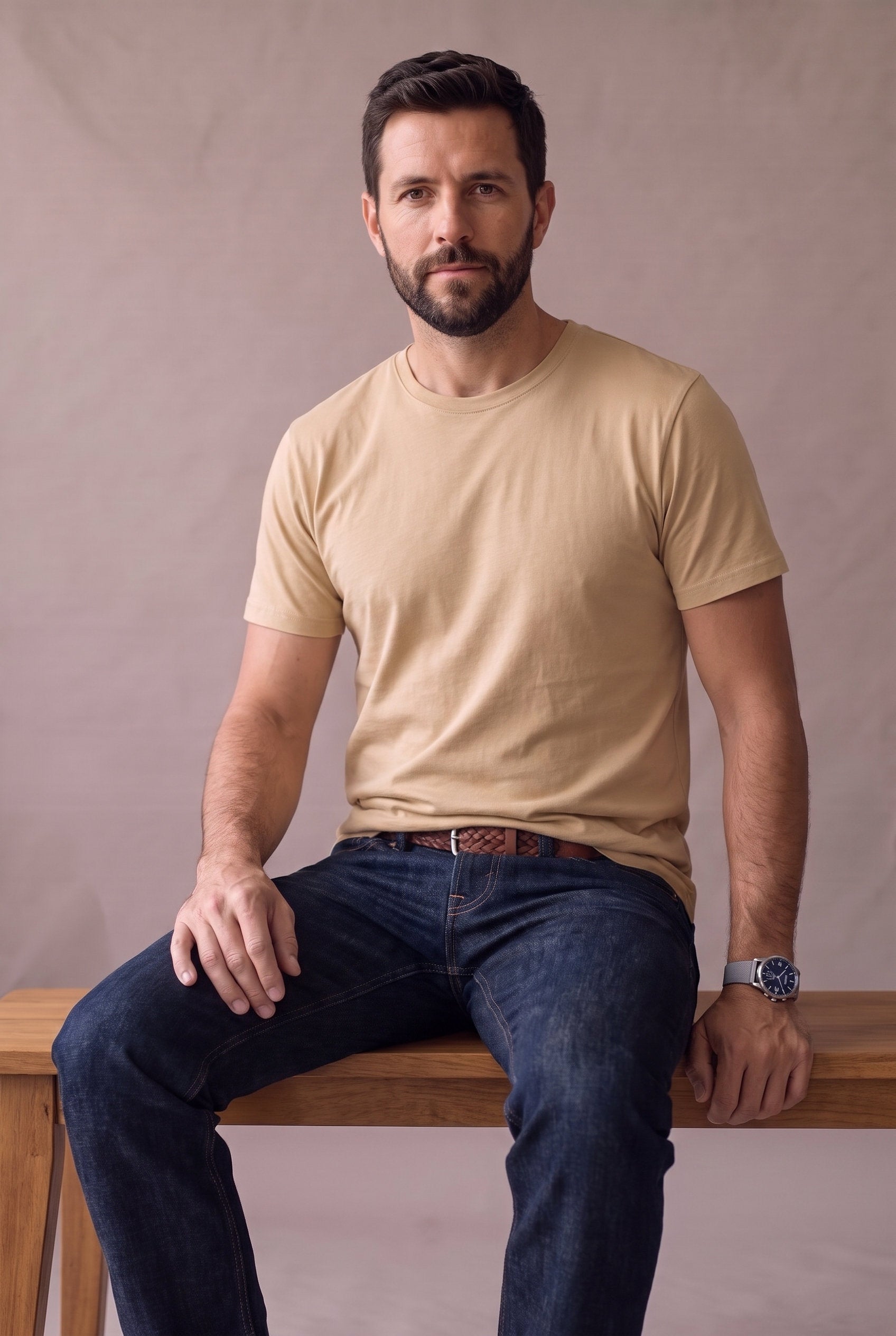Camiseta beige de cuello redondo de Luck & Load, hombre sentado en banca de madera con jean índigo y reloj de acero, medio cuerpo