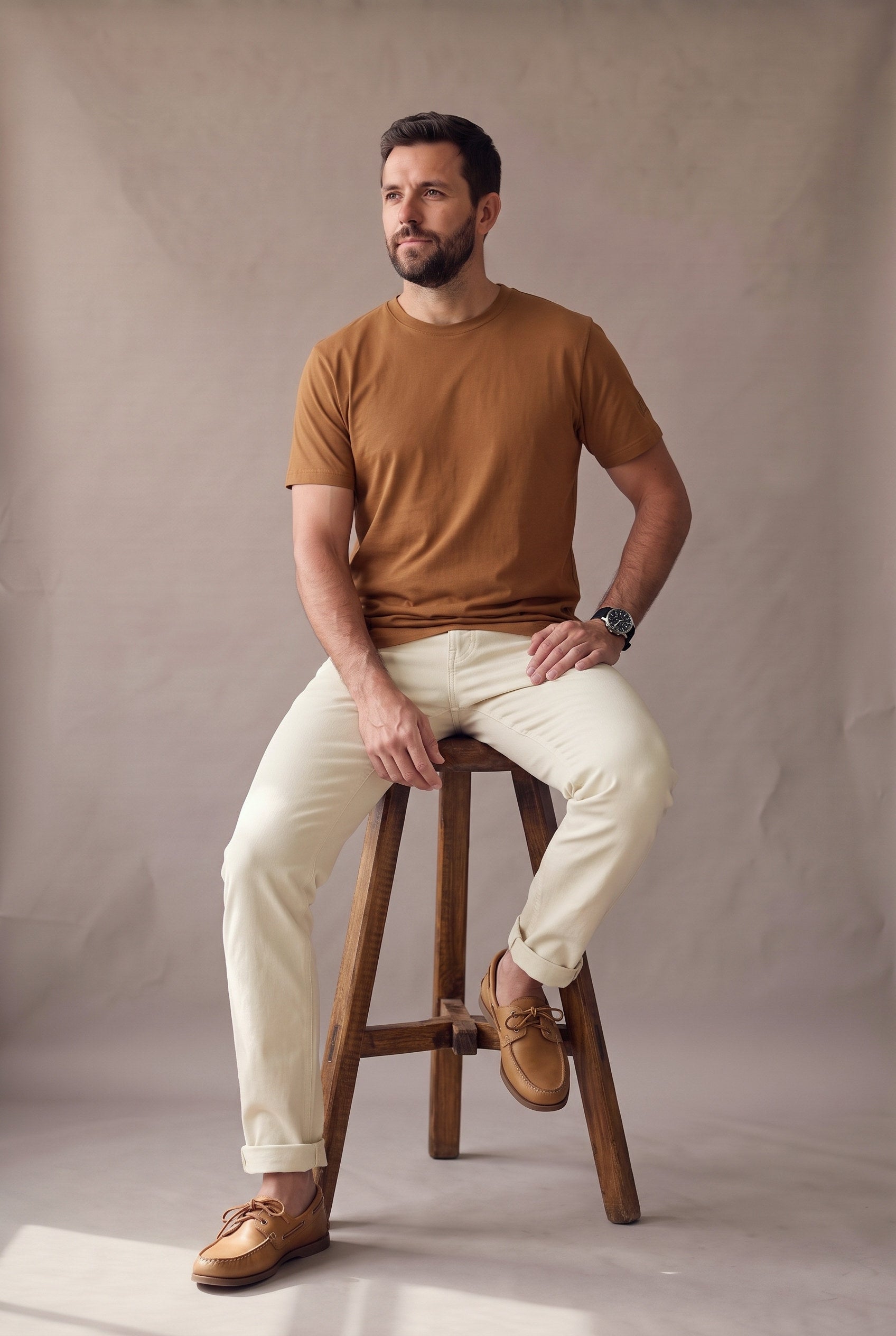 Camiseta café de cuello redondo de Luck & Load, hombre sentado en taburete de madera con pantalón crema y reloj, medio cuerpo