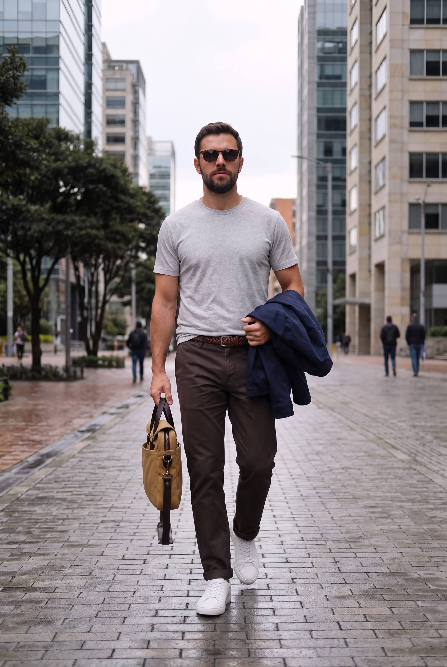 Hombre camina en Bogota con camiseta gris jaspe y maletin de trabajo, chaqueta azul al brazo, look de oficina entre semana
