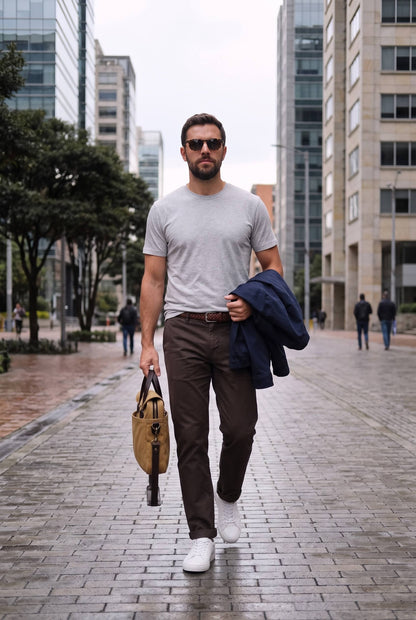 Hombre camina en Bogota con camiseta gris jaspe y maletin de trabajo, chaqueta azul al brazo, look de oficina entre semana