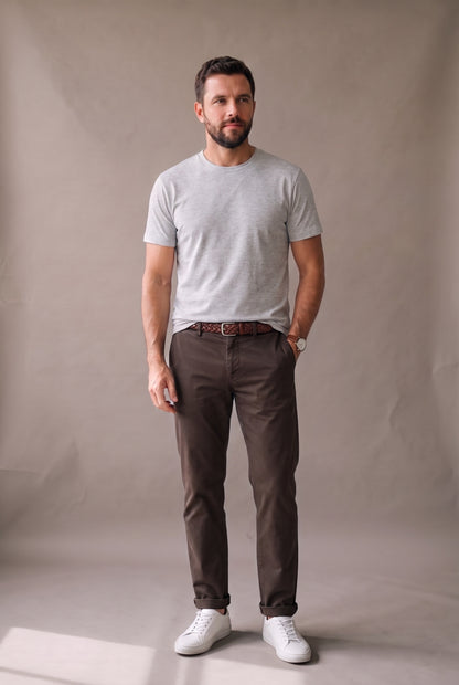 Camiseta cuello redondo para hombre en gris jaspe, cuerpo entero, look entre semana con chaqueta azul y tenis blancos
