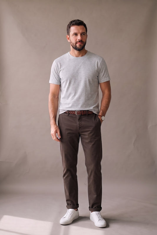 Hombre de pie con camiseta blanca de cuello redondo sin bolsillo de Luck & Load, con jean índigo y botas de cuero café.