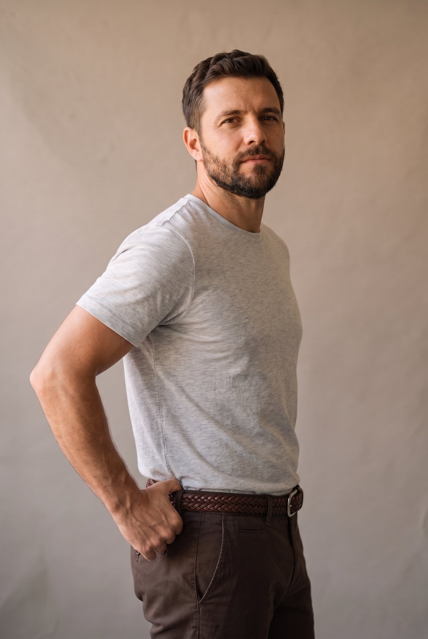 Camiseta de hombre gris jaspe en medio cuerpo, se aprecia el tejido jaspe y el ajuste en el pecho