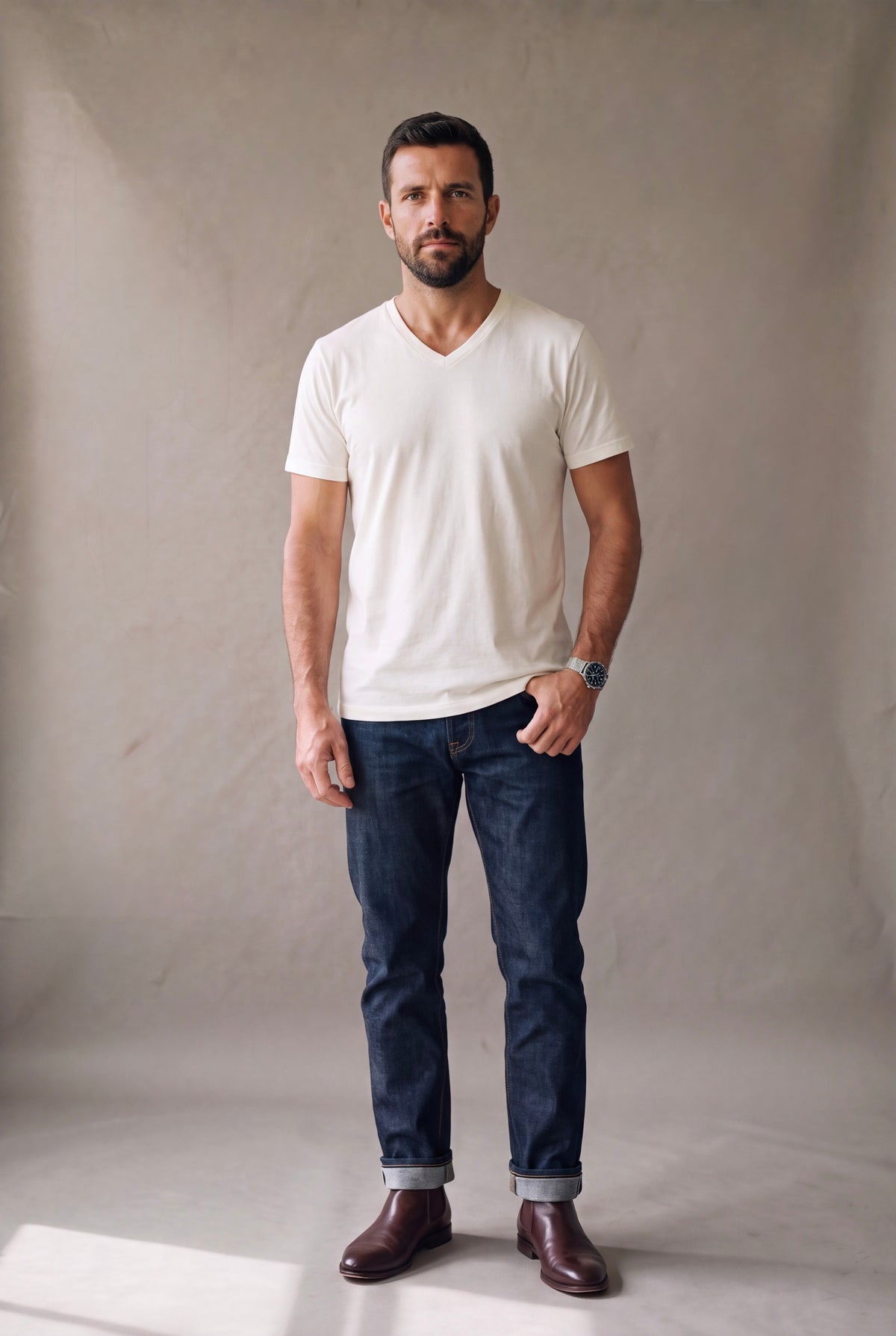 Camiseta cuello en V blanca para hombre de Luck and Load en algodon peruano, con jean indigo y bota chelsea