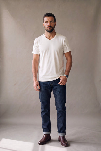 Camiseta cuello en V blanca para hombre de Luck and Load en algodon peruano, con jean indigo y bota chelsea