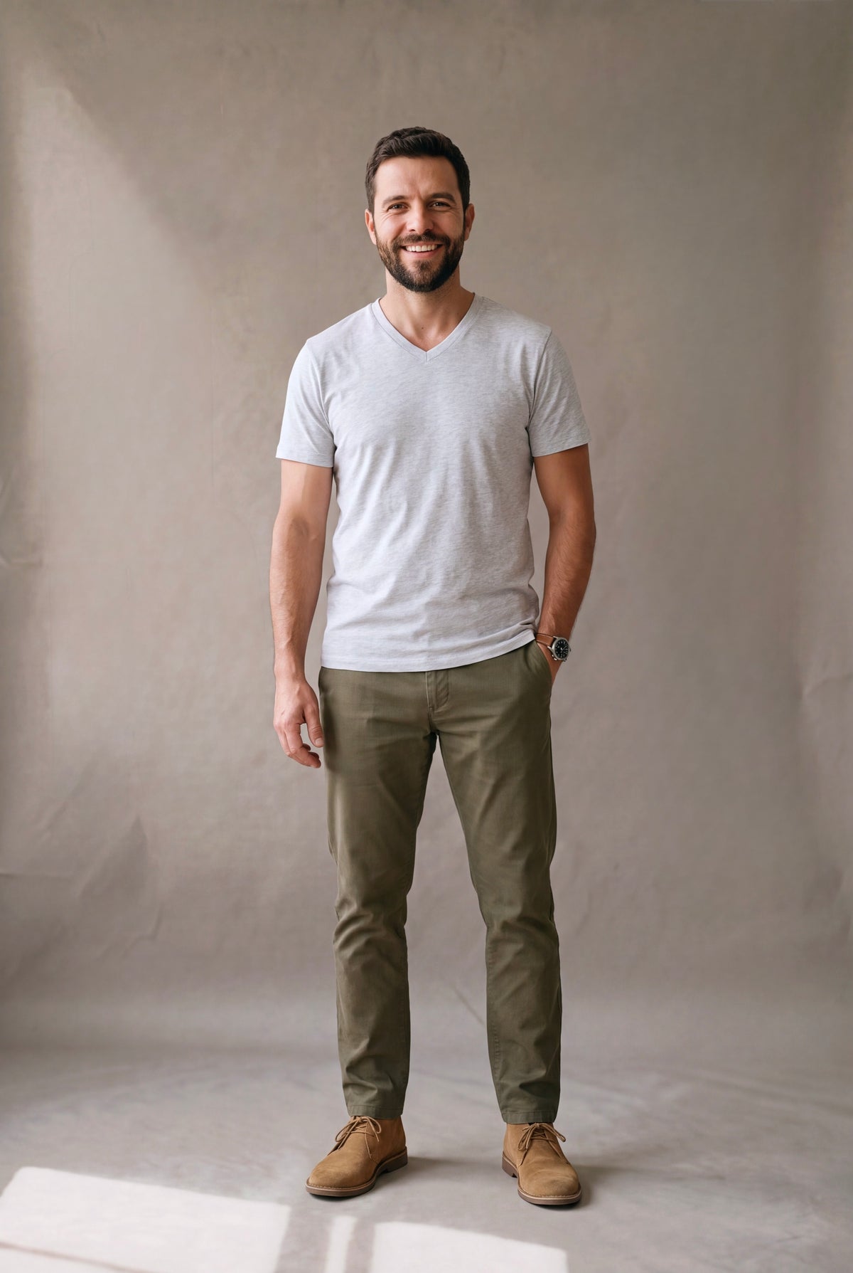 Camiseta cuello en V gris jaspe para hombre de Luck and Load en algodon peruano, con pantalon oliva y botas de gamuza