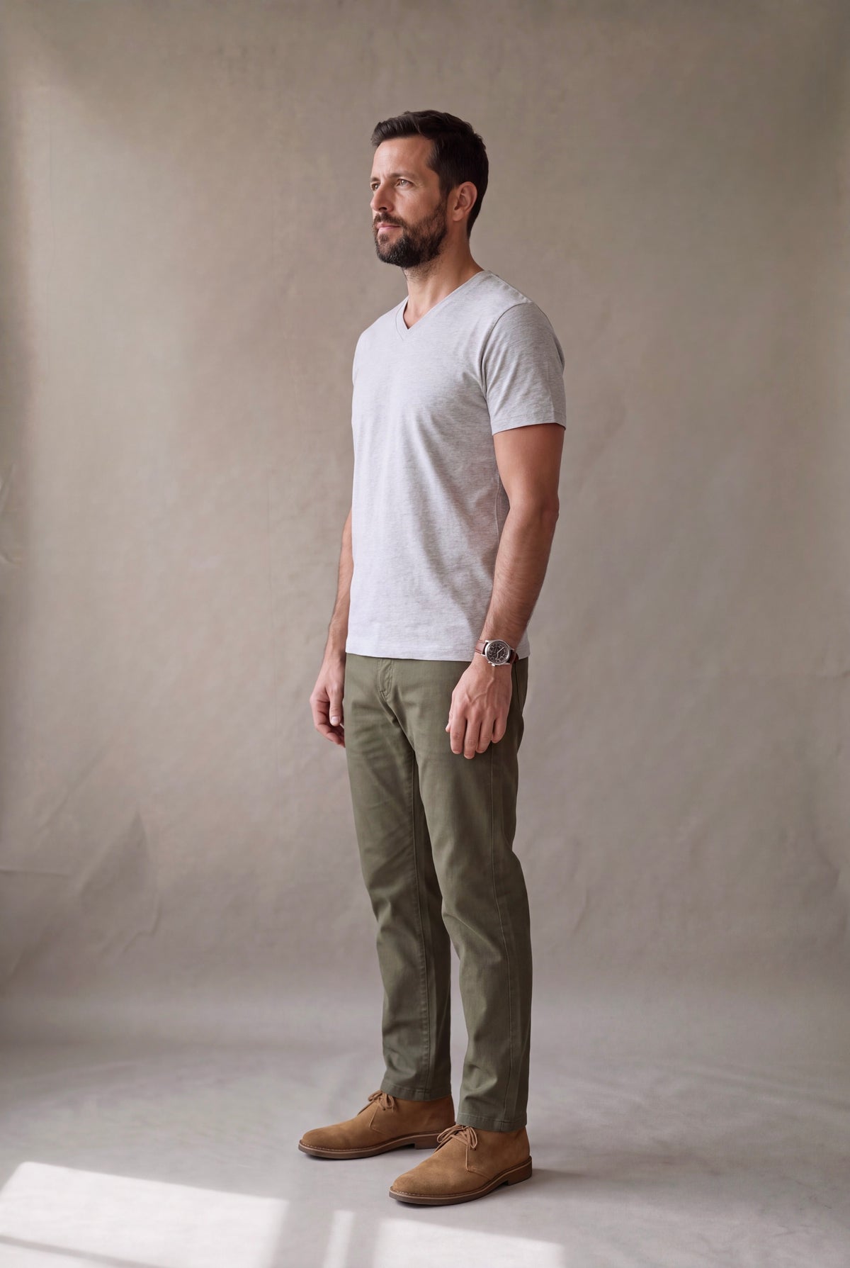 Vista lateral de la camiseta cuello en V gris jaspe Luck and Load con pantalon oliva y botas de gamuza