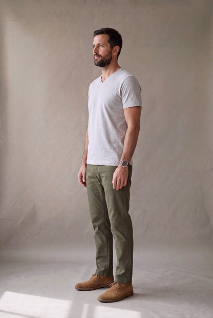 Vista lateral de la camiseta cuello en V gris jaspe Luck and Load con pantalon oliva y botas de gamuza