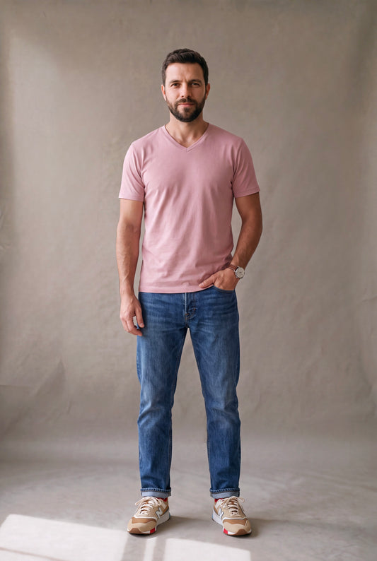 Camiseta cuello en V blanca para hombre de Luck and Load en algodon peruano, con jean indigo y bota chelsea