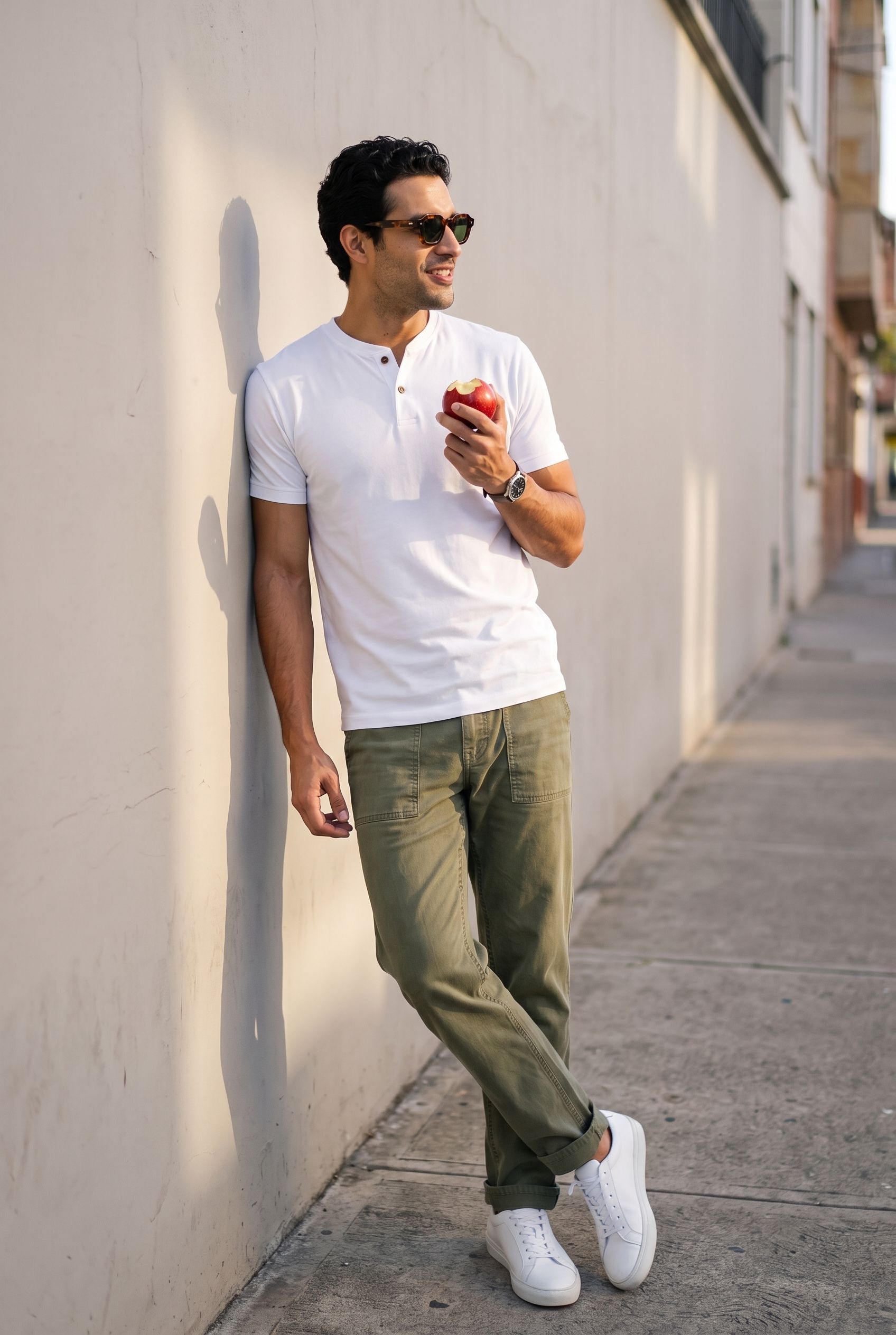 Hombre con camiseta manga corta con botones blanca Luck & Load, pantalón painter verde oliva y tenis blancos