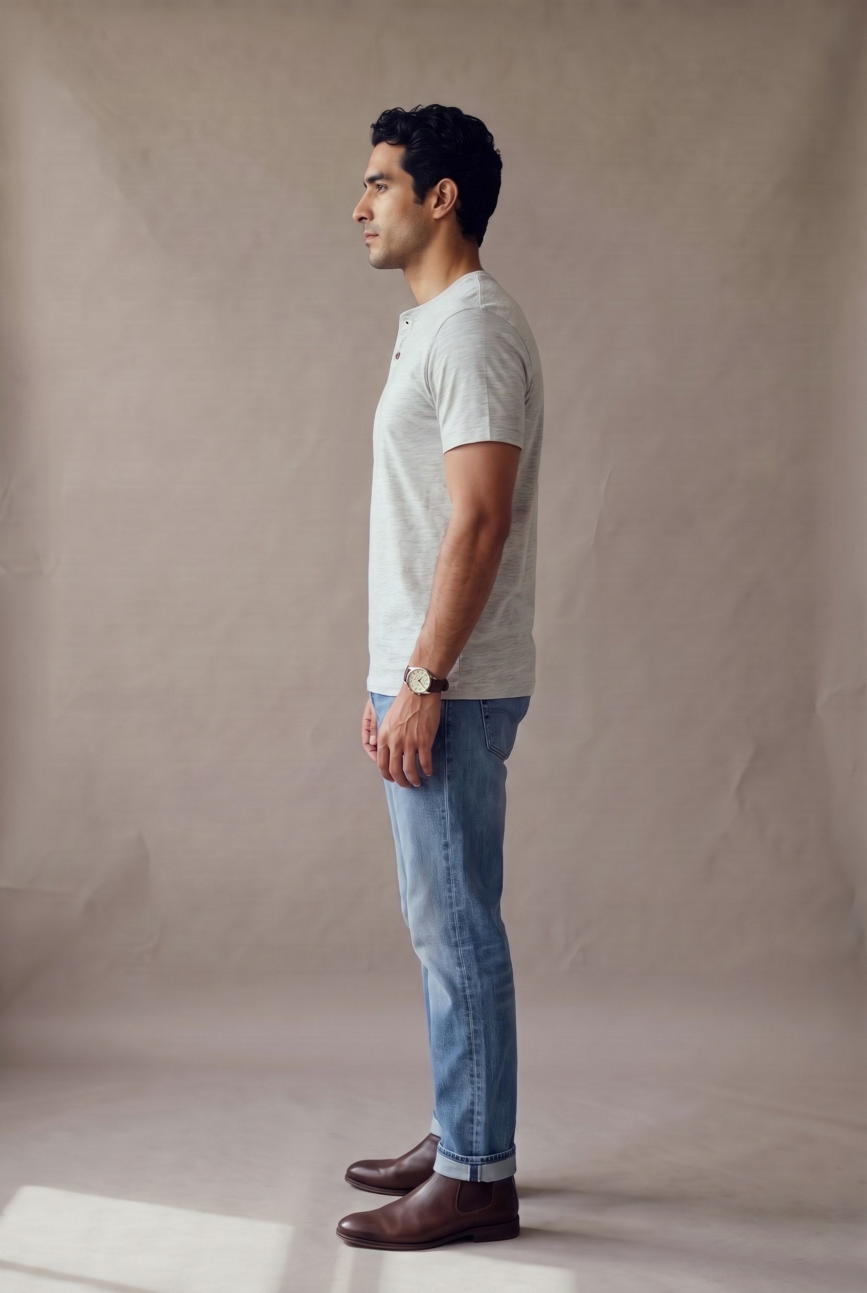 Camiseta manga corta con botones gris jaspe para hombre, vista de perfil con manga corta de ruedo plano