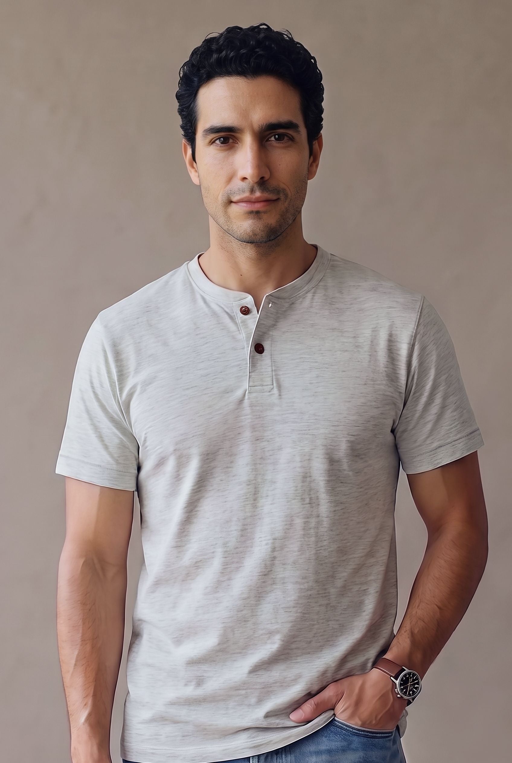 Camiseta manga corta con botones gris jaspe para hombre, medio cuerpo con la cartera y los dos botones de corozo a la vista