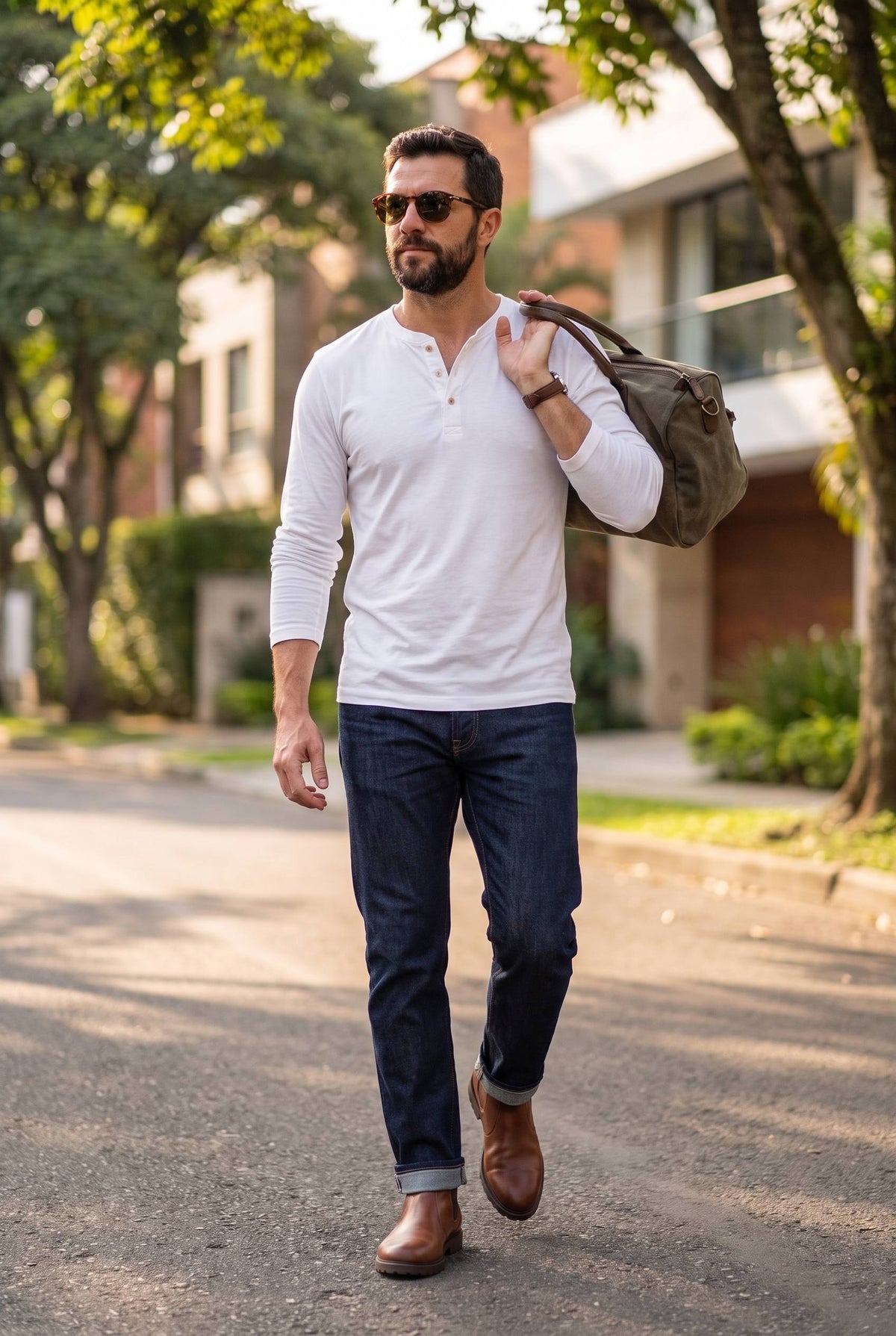 Hombre con la camiseta henley blanca y bolso de viaje al hombro sale por una calle arbolada.
