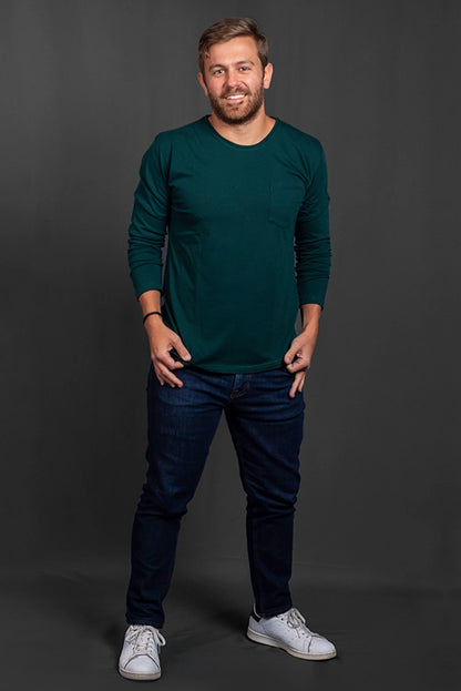 Camiseta manga larga verde pino para hombre, básica premium Colombia	